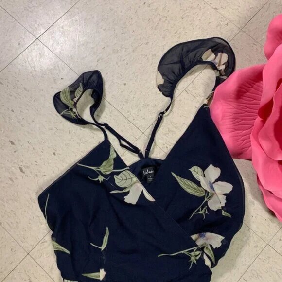 LULUS All Mine Floral Print High-Low Maxi Wrap Dress Navy Blue - Picture 7 of 11